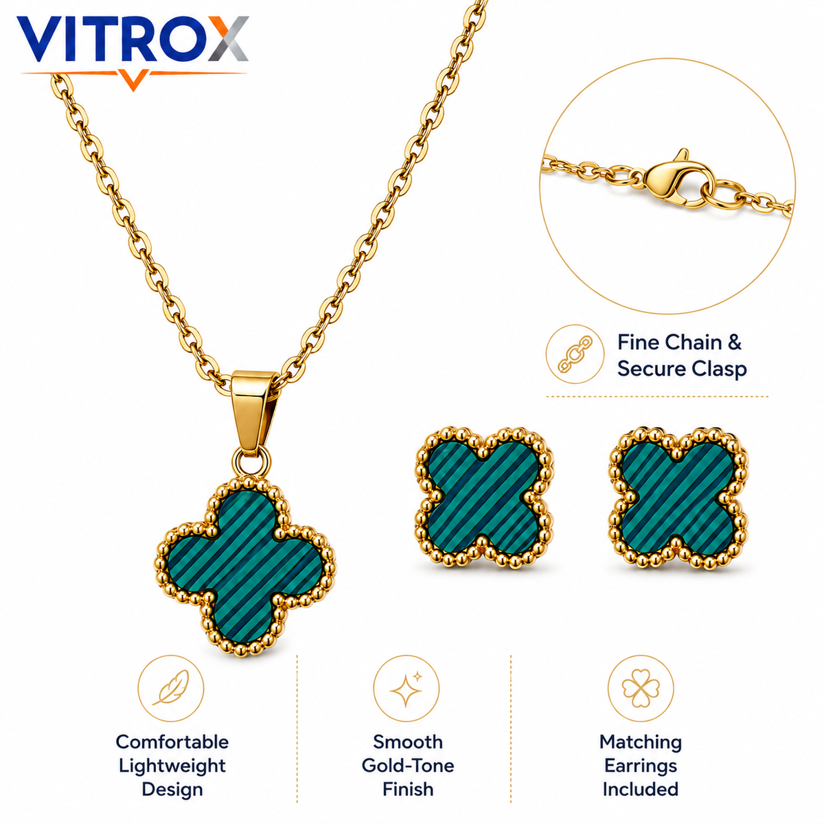 Turquoise Clover Necklace & Stud Earrings Combo