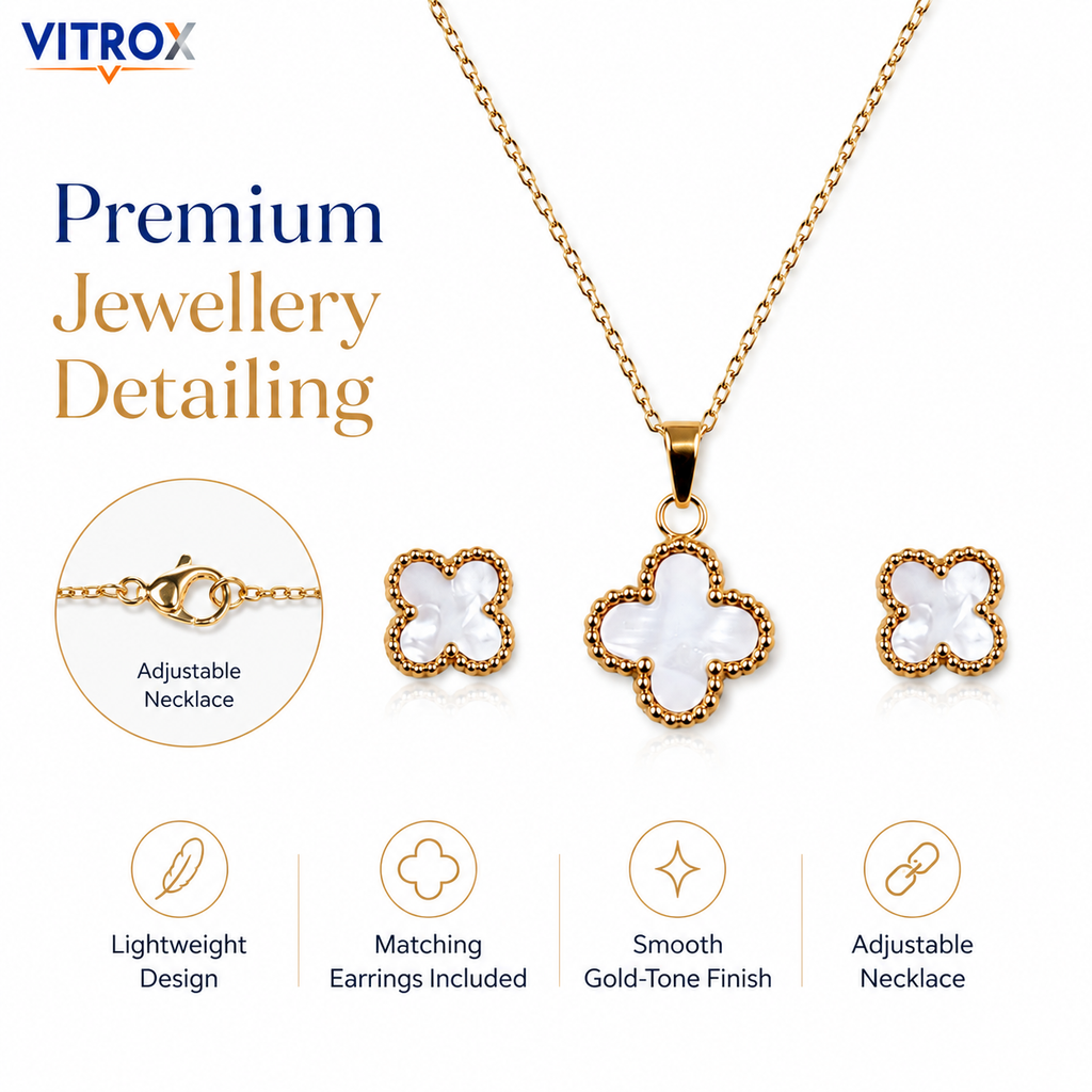 White Clover Stainless Steel Necklace & Stud Earrings Combo