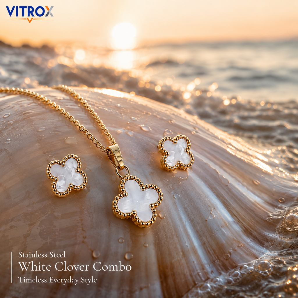 White Clover Stainless Steel Necklace & Stud Earrings Combo