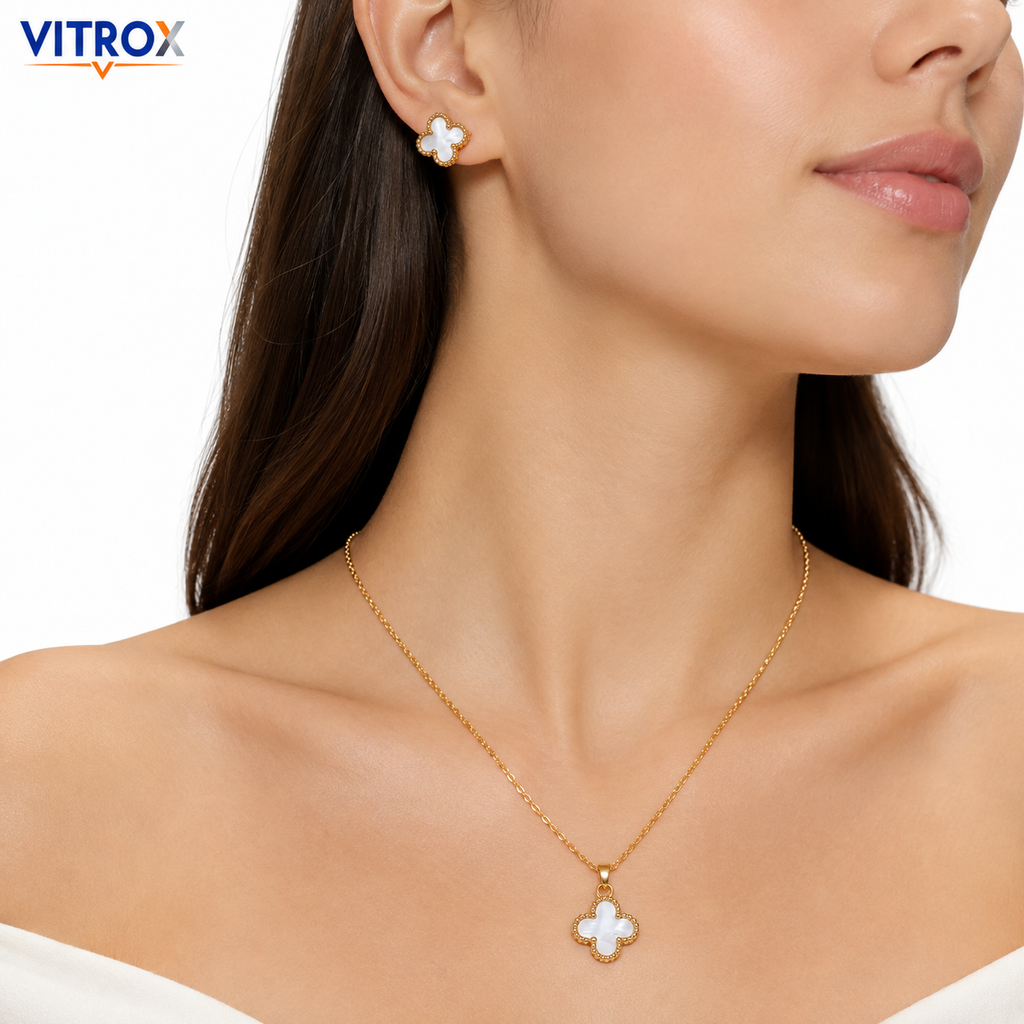 White Clover Stainless Steel Necklace & Stud Earrings Combo