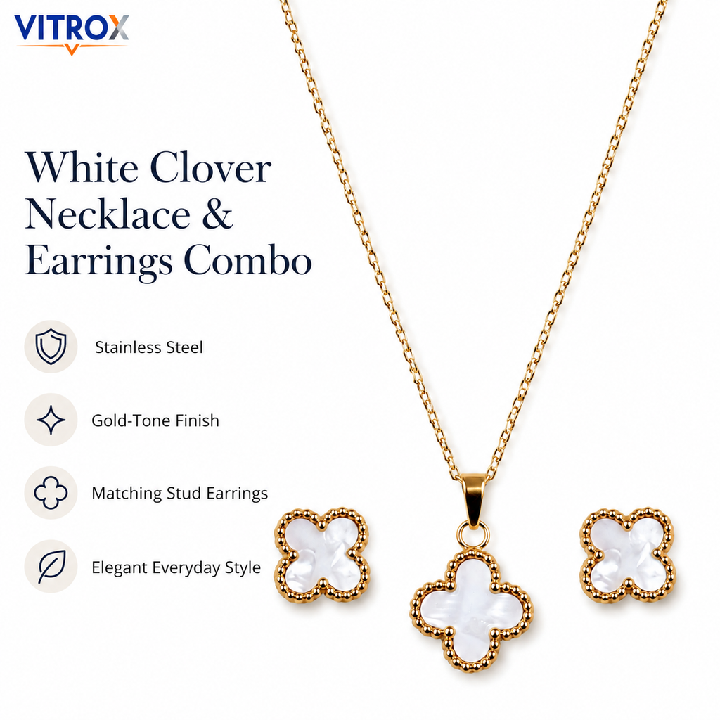 White Clover Stainless Steel Necklace & Stud Earrings Combo