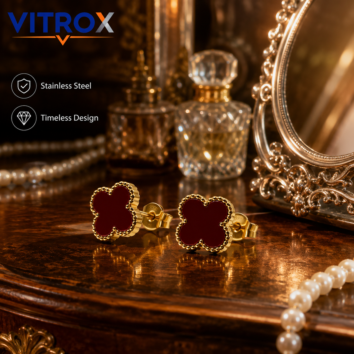 Burgundy Clover Stud Earrings for Women