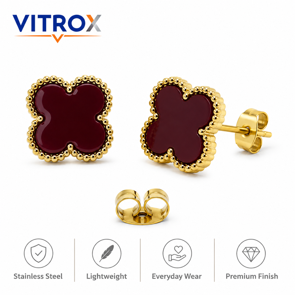 Burgundy Clover Stud Earrings for Women