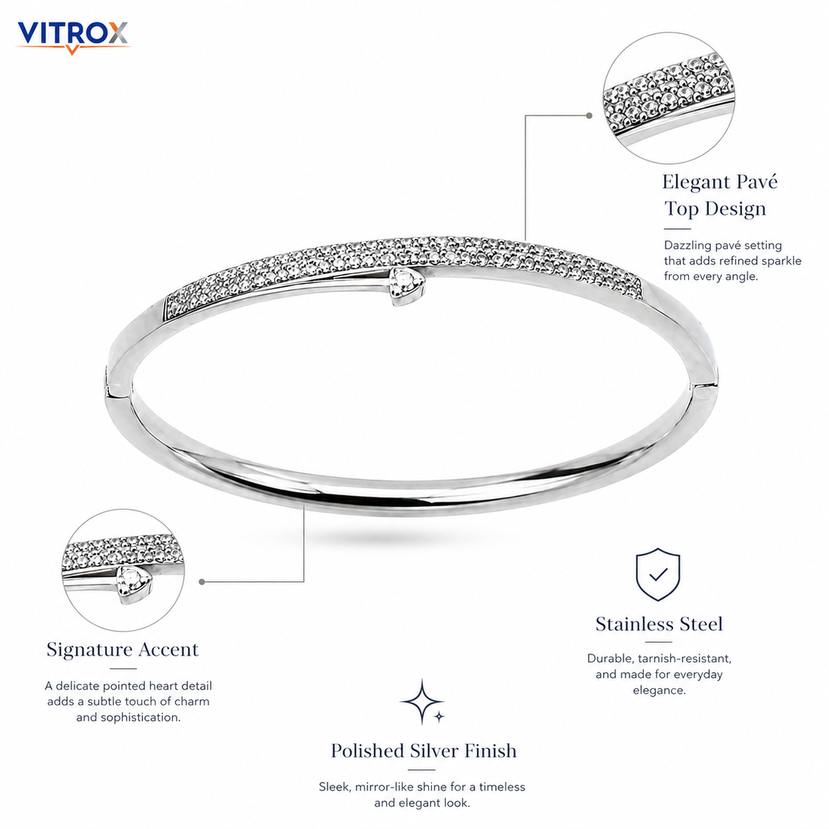 Stainless Steel Silver Pavé Bangle Bracelet