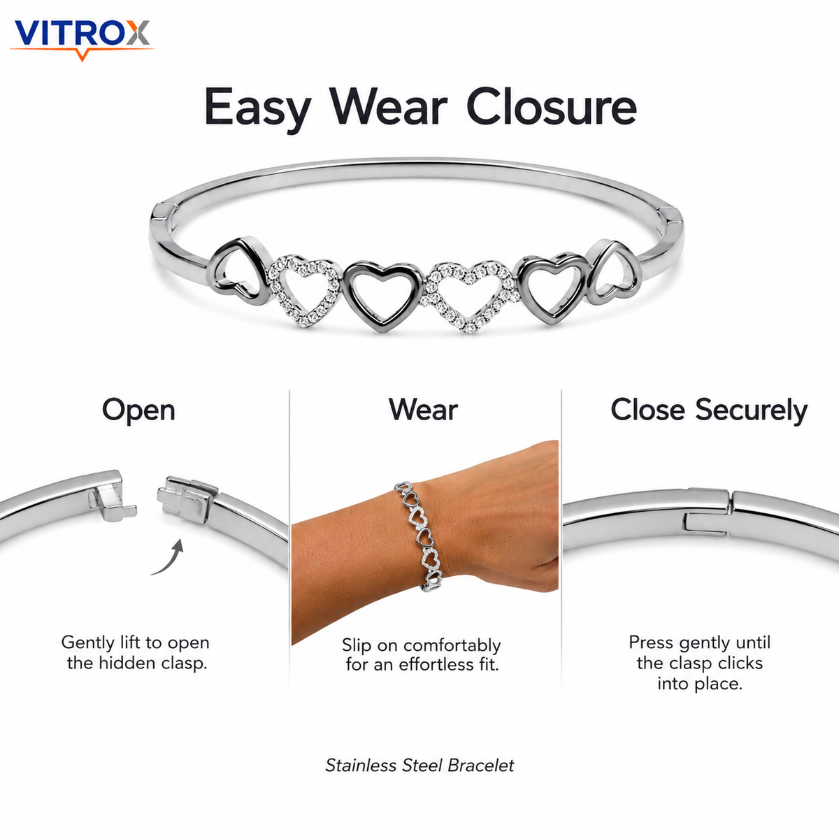 Silver Heart Design Stainless Steel Bracelet for Women