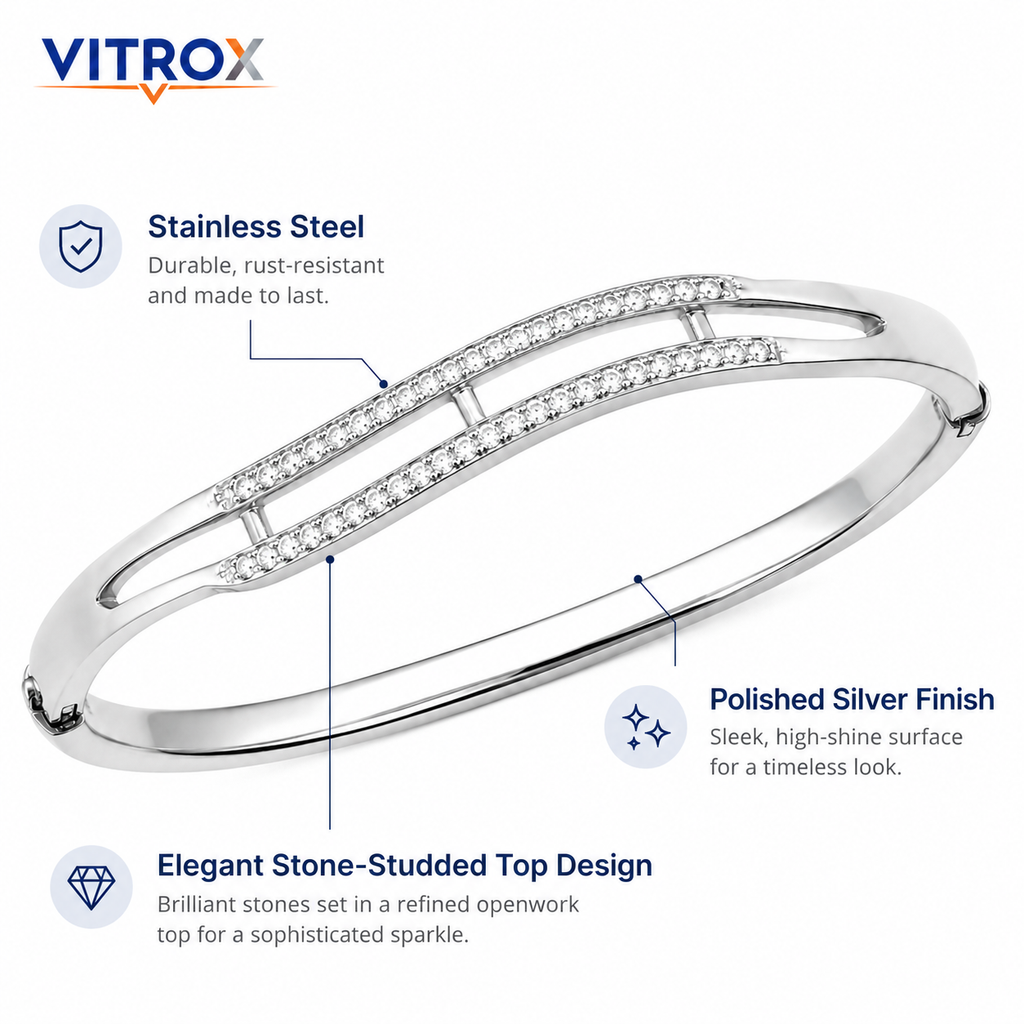Stainless Steel Stone-Studded Silver Bangle Bracelet for Women