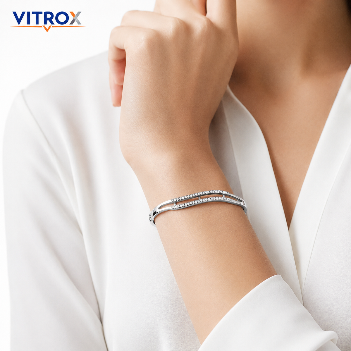 Stainless Steel Stone-Studded Silver Bangle Bracelet for Women
