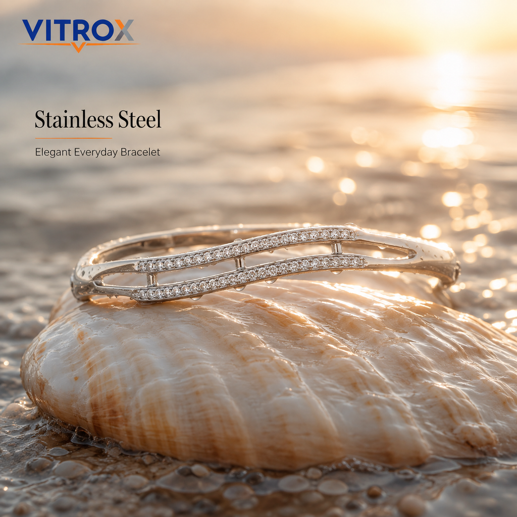 Stainless Steel Stone-Studded Silver Bangle Bracelet for Women