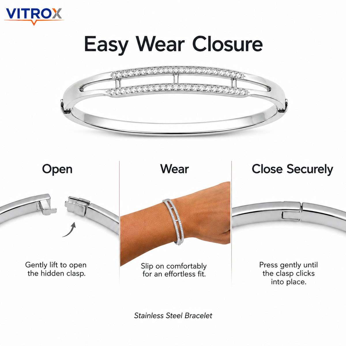 Stainless Steel Stone-Studded Silver Bangle Bracelet for Women