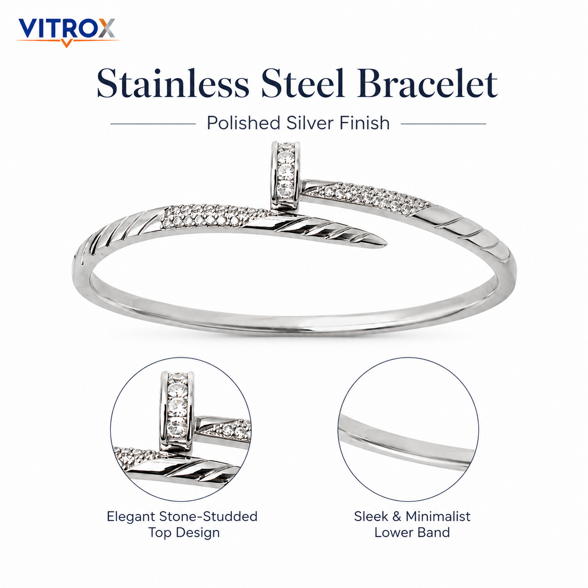 Elegant Silver Stainless Steel Crystal Bangle Bracelet