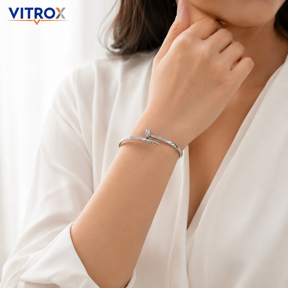 Elegant Silver Stainless Steel Crystal Bangle Bracelet
