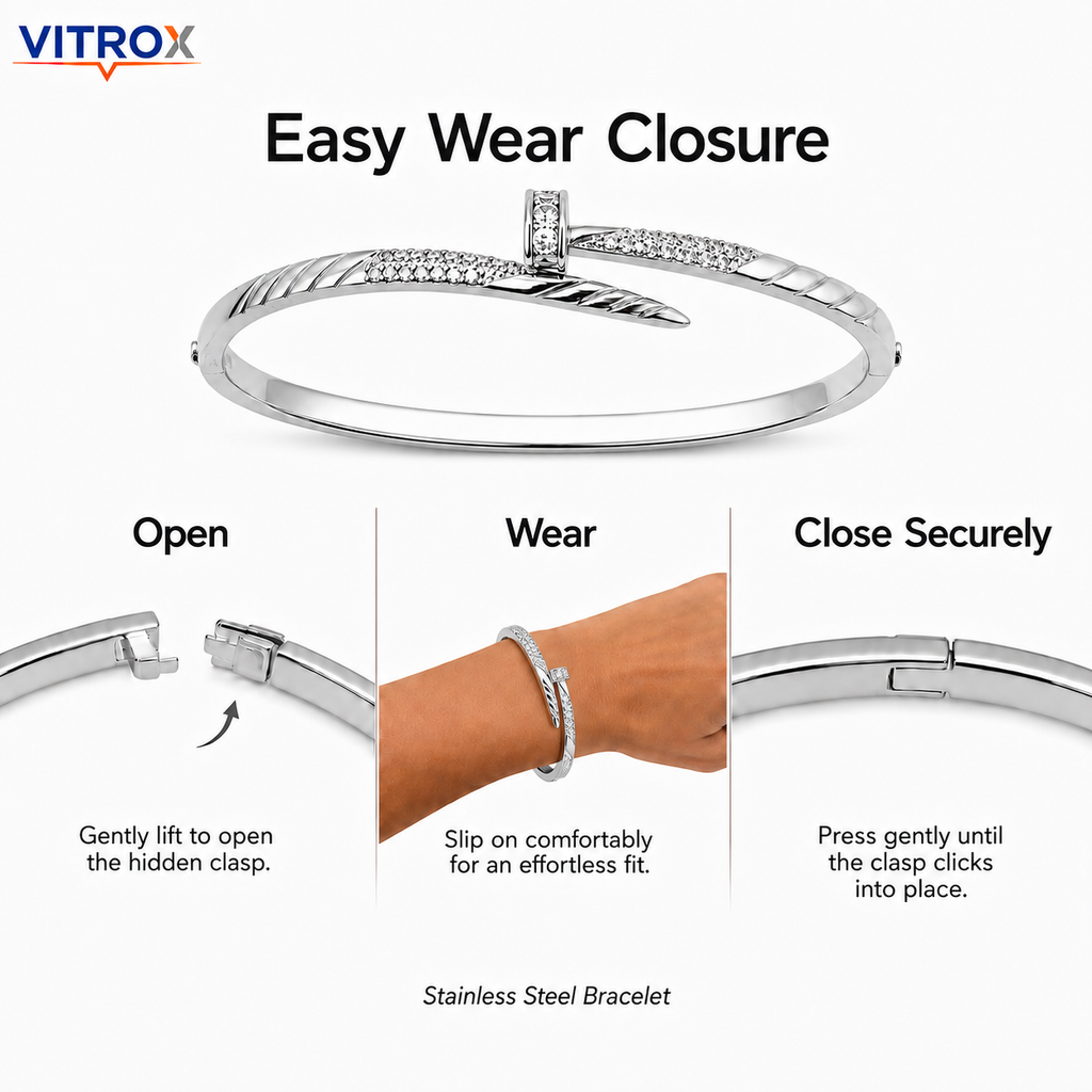 Elegant Silver Stainless Steel Crystal Bangle Bracelet