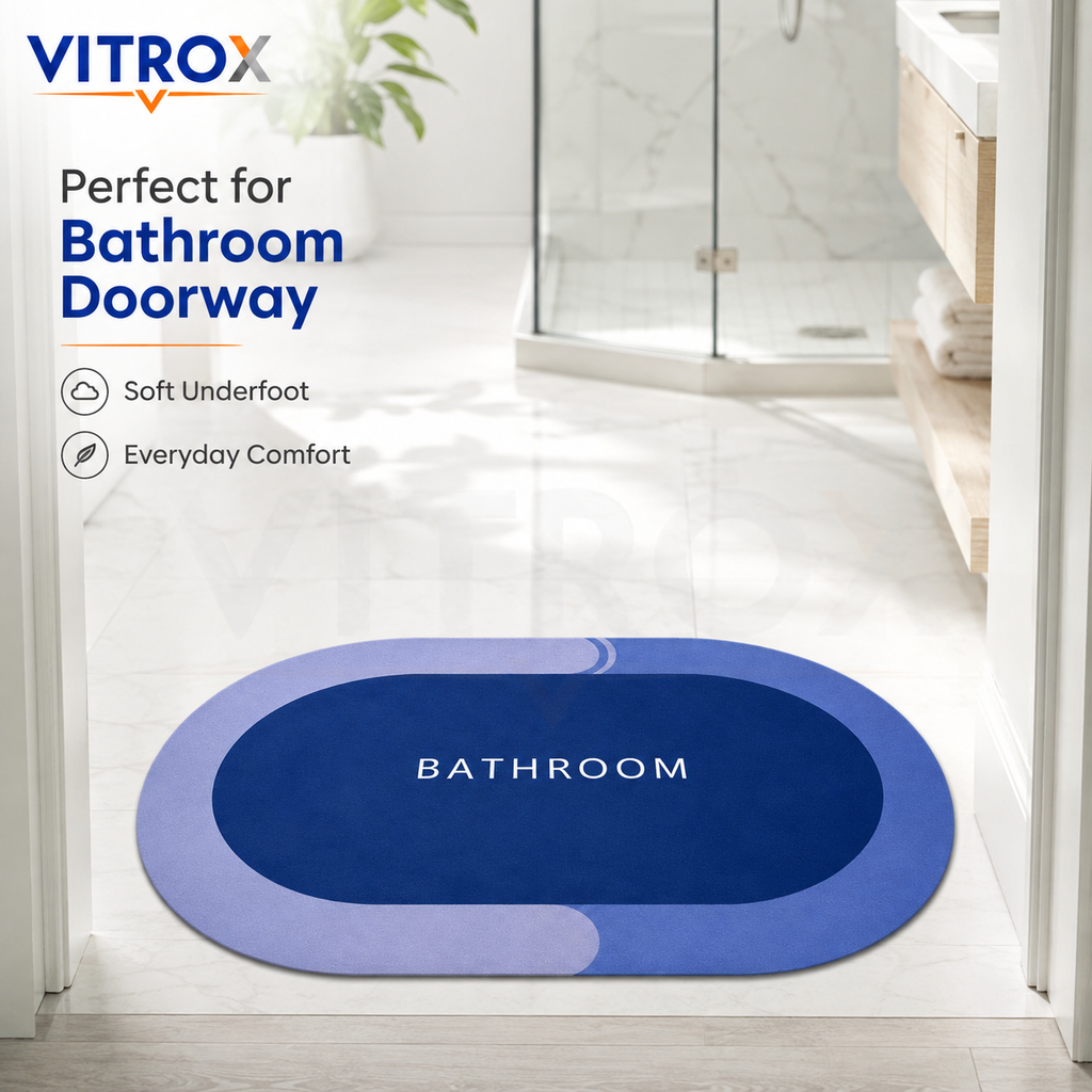 Blue Bathroom Floor Mat with Anti-Slip Backing