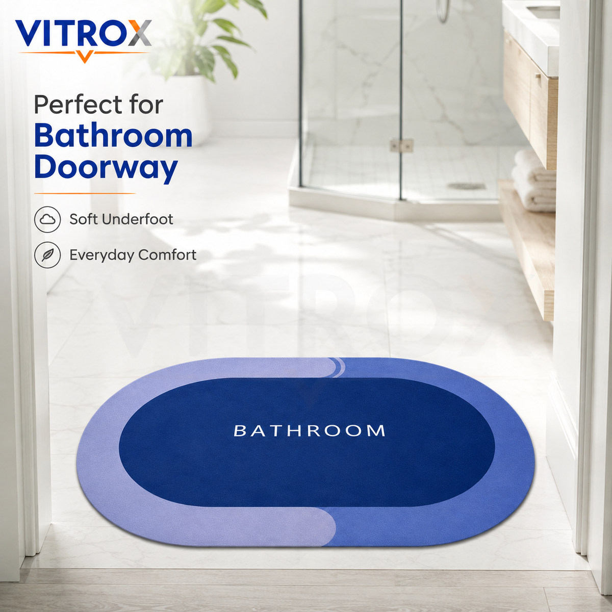 Blue Bathroom Floor Mat with Anti-Slip Backing