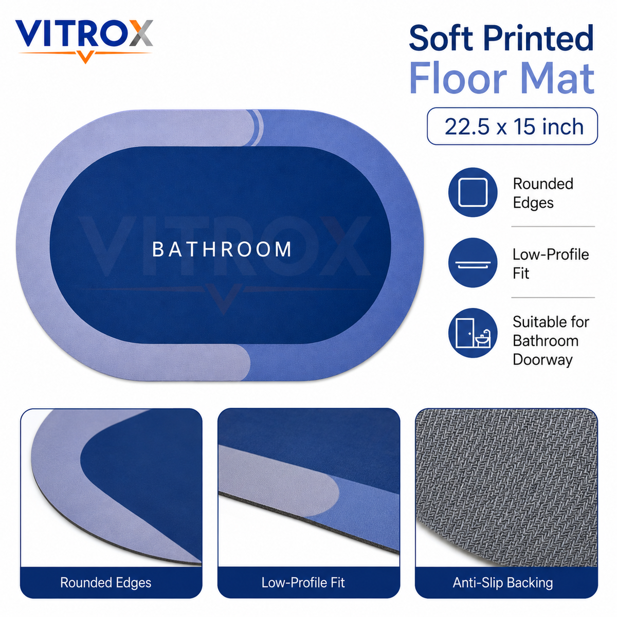 Blue Bathroom Floor Mat with Anti-Slip Backing