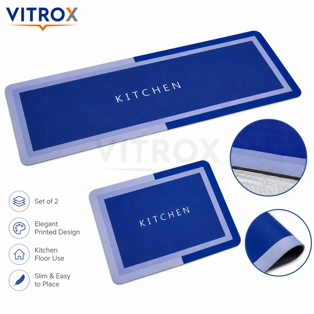 Blue Printed Kitchen Floor Mat Set of 2