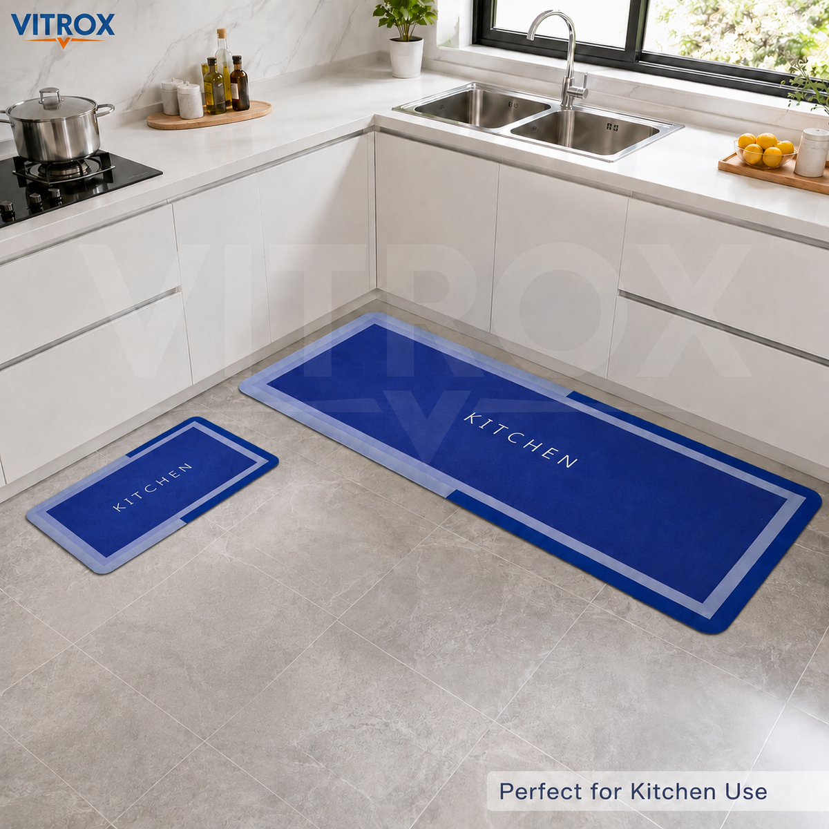 Blue Printed Kitchen Floor Mat Set of 2
