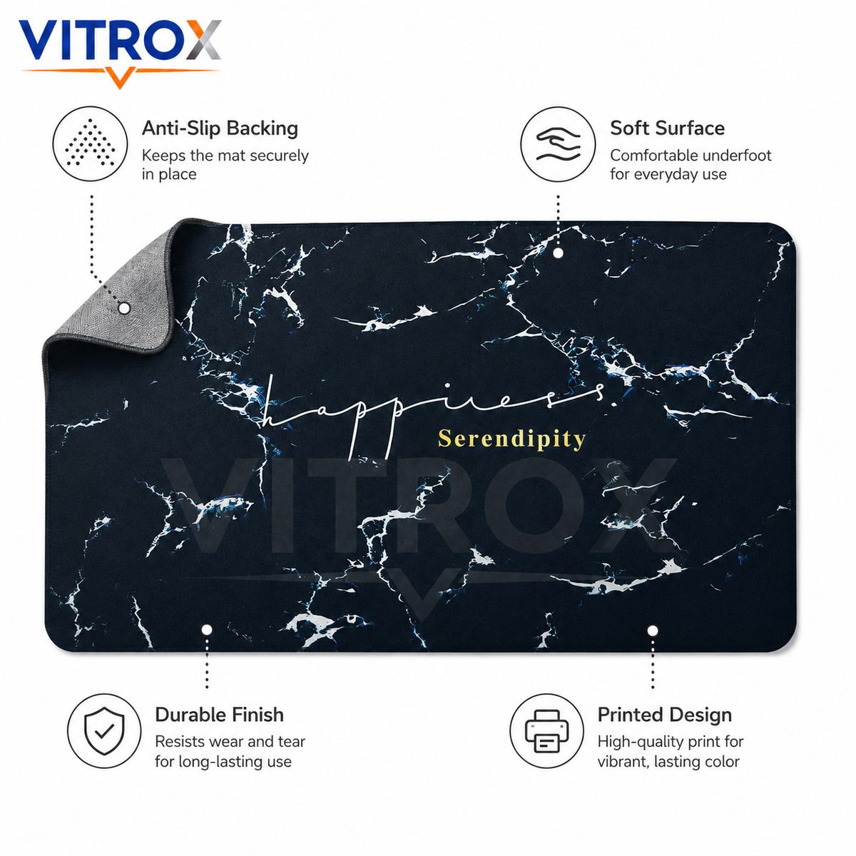 Black Marble Print Floor Mat with Anti-Slip Backing