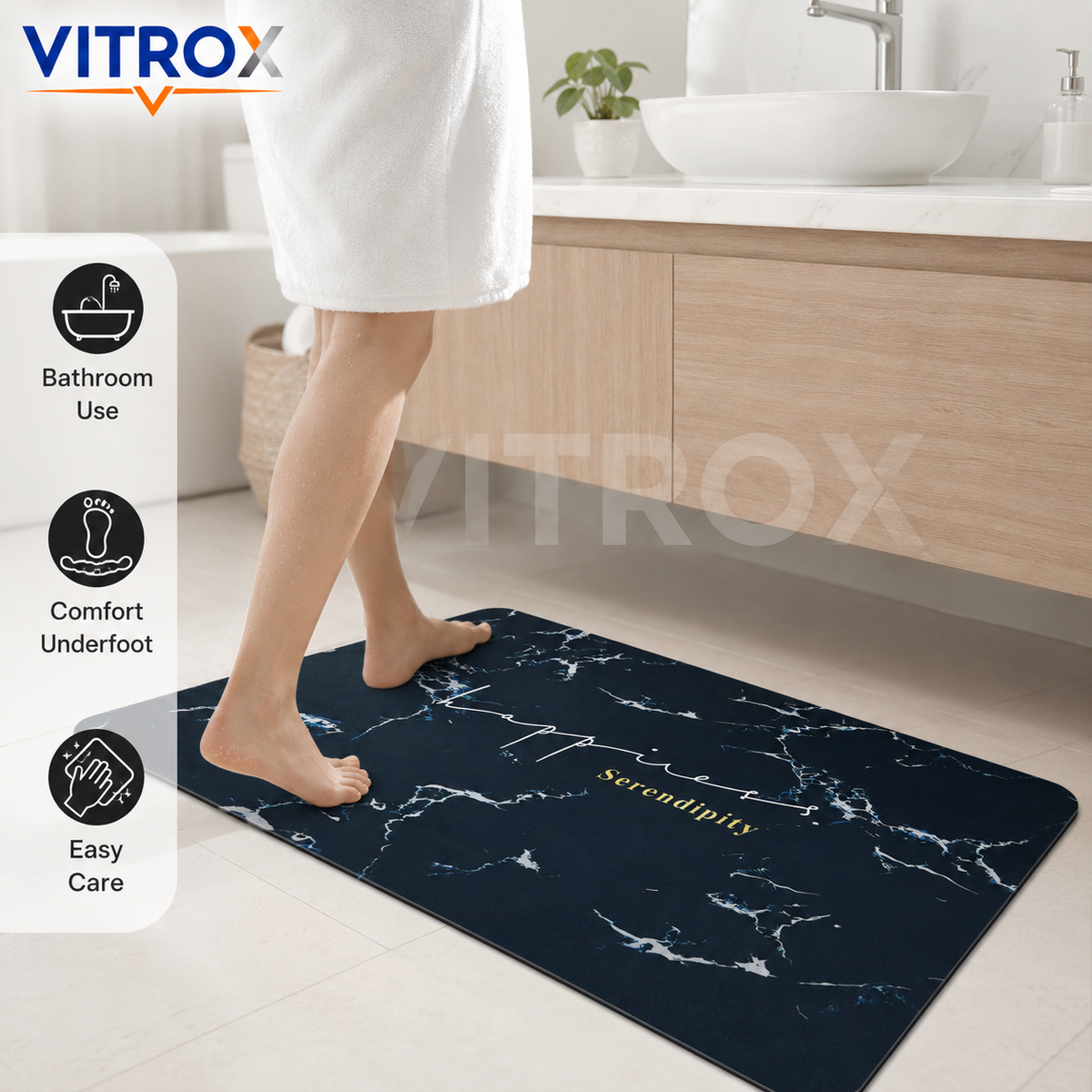 Black Marble Print Floor Mat with Anti-Slip Backing