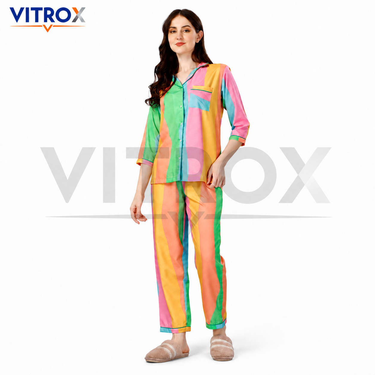 Women’s 2-Piece Cotton Blend Multicolour Striped Night Suit Set