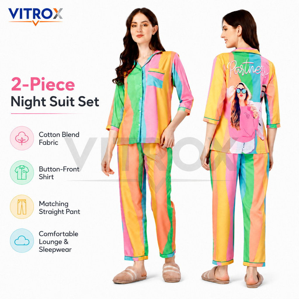 Women’s 2-Piece Cotton Blend Multicolour Striped Night Suit Set