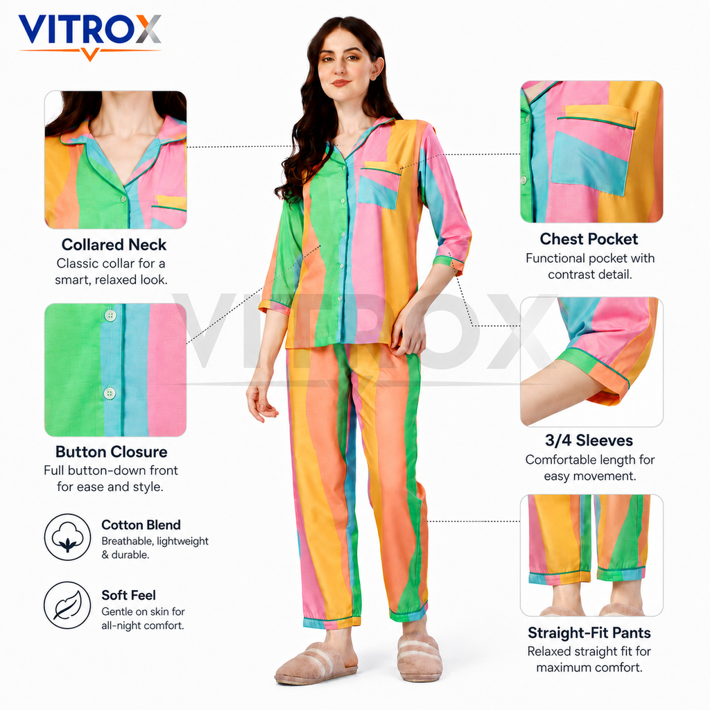 Women’s 2-Piece Cotton Blend Multicolour Striped Night Suit Set