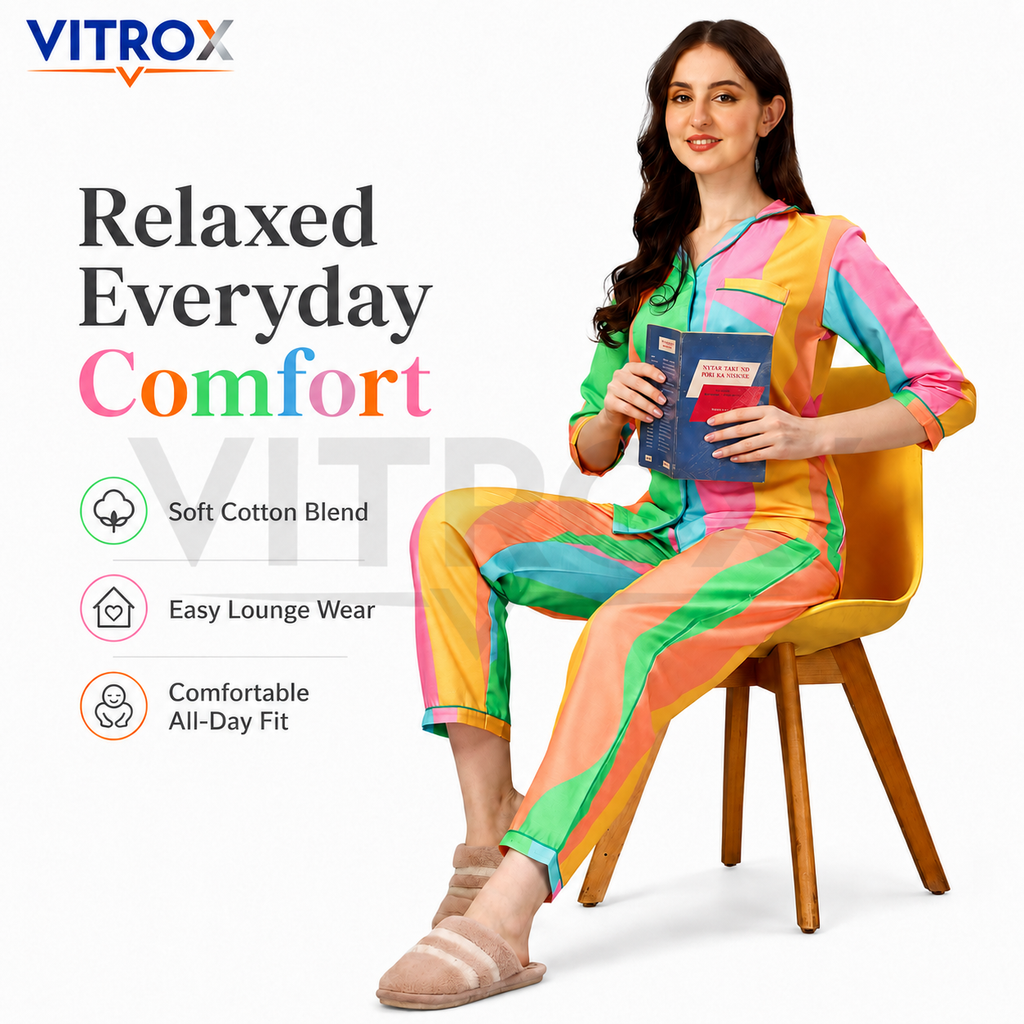 Women’s 2-Piece Cotton Blend Multicolour Striped Night Suit Set