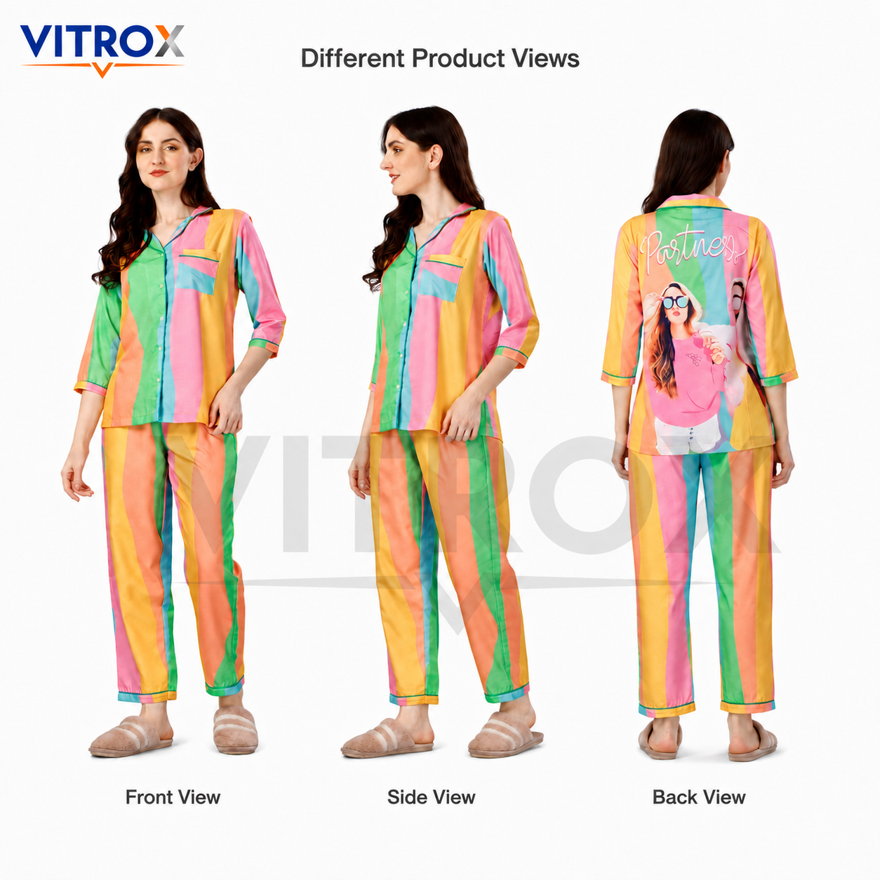 Women’s 2-Piece Cotton Blend Multicolour Striped Night Suit Set