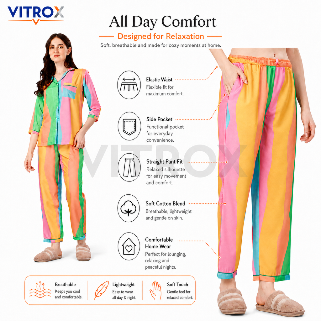 Women’s 2-Piece Cotton Blend Multicolour Striped Night Suit Set