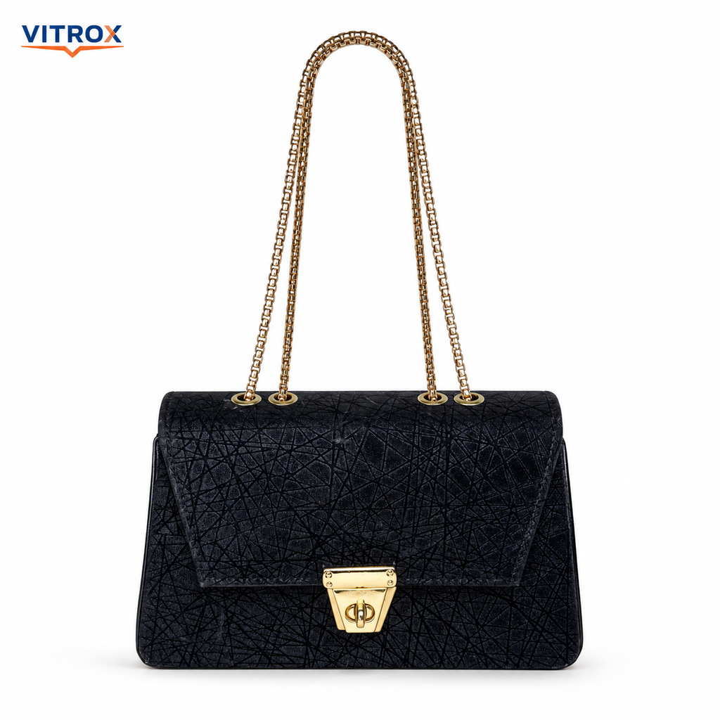 Women’s Black -Textured Party Shoulder Bag with Gold Chain Handles