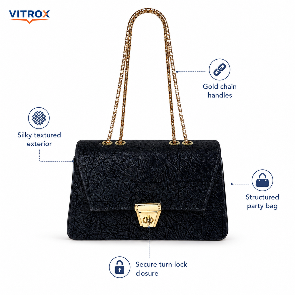 Women’s Black -Textured Party Shoulder Bag with Gold Chain Handles