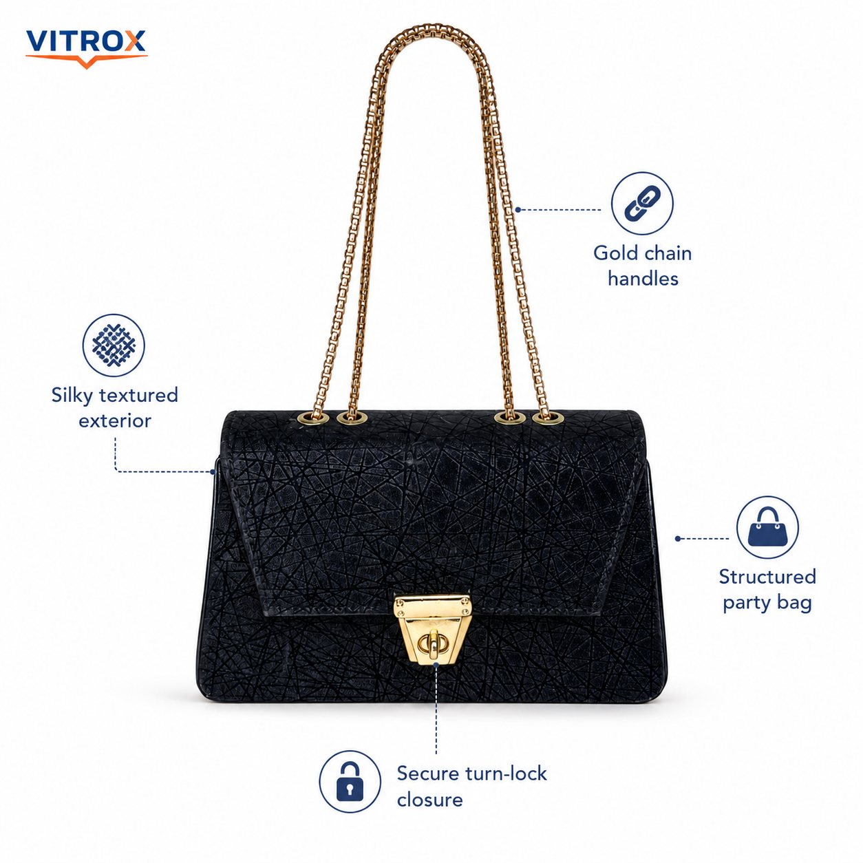 Women’s Black -Textured Party Shoulder Bag with Gold Chain Handles