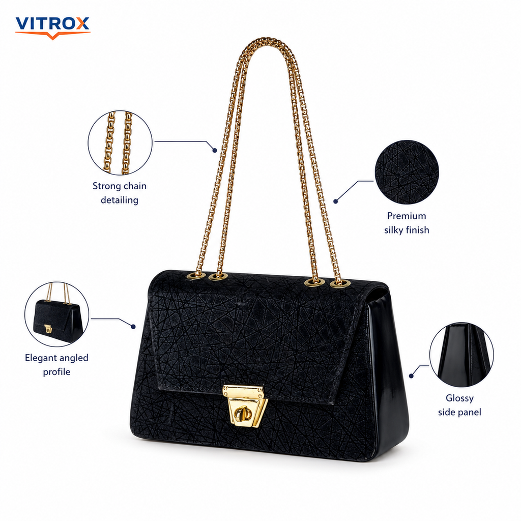 Women’s Black -Textured Party Shoulder Bag with Gold Chain Handles