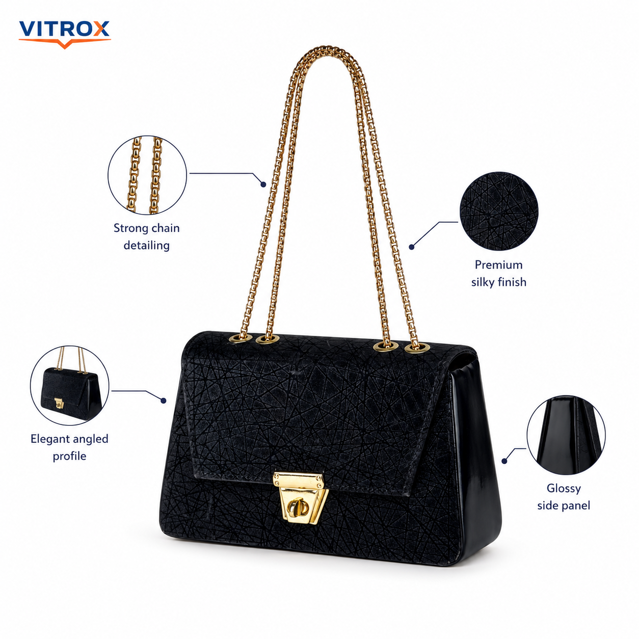 Women’s Black -Textured Party Shoulder Bag with Gold Chain Handles
