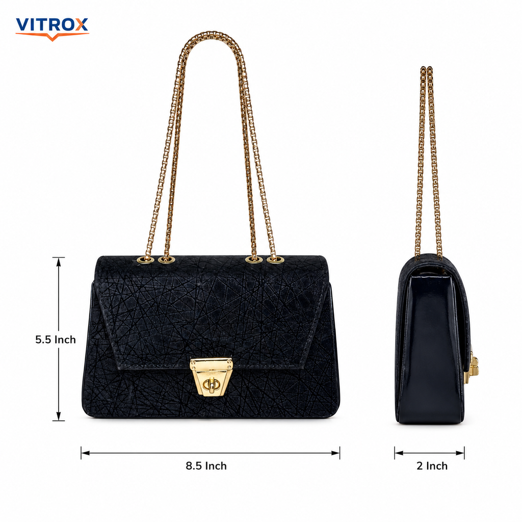 Women’s Black -Textured Party Shoulder Bag with Gold Chain Handles