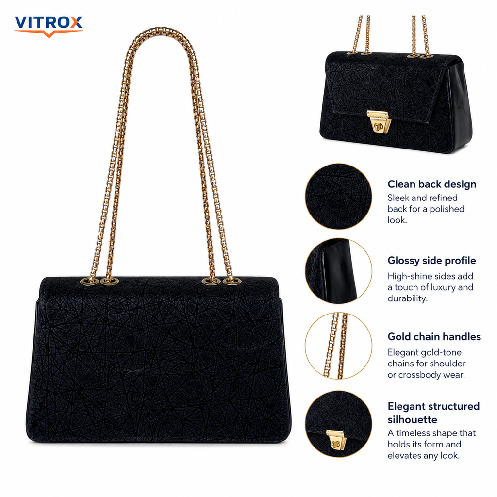 Women’s Black -Textured Party Shoulder Bag with Gold Chain Handles