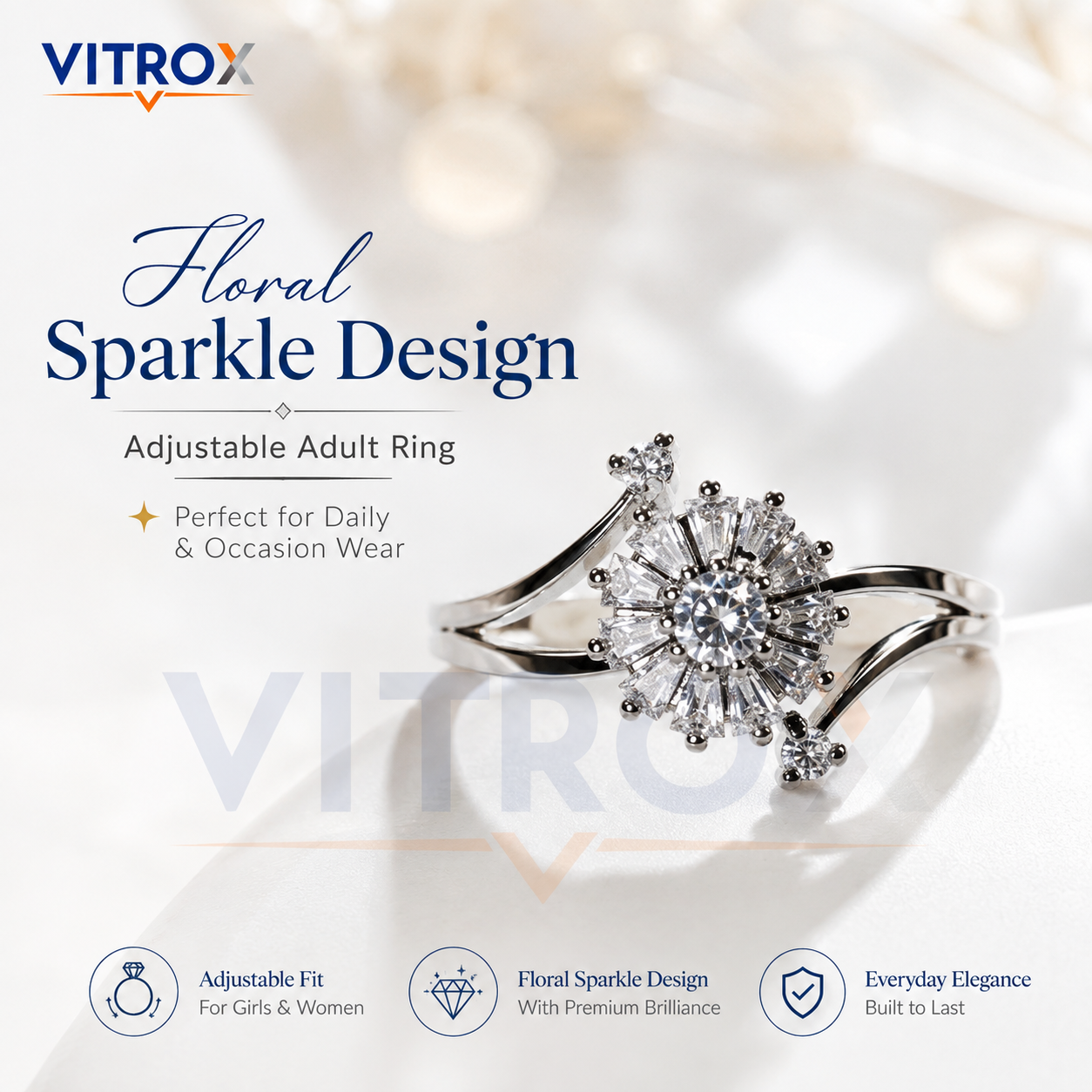 Silver-Tone Floral Adjustable Ring for Girls & Women