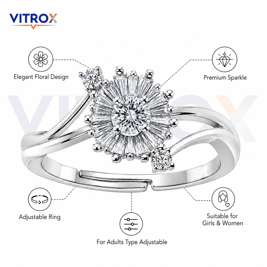 Silver-Tone Floral Adjustable Ring for Girls & Women