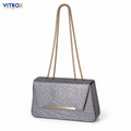 Women’s Silver Sparkle Chain Shoulder Bag with Structured Flap Design