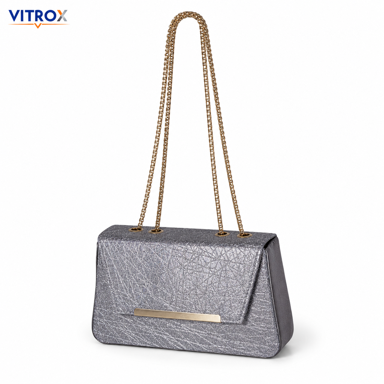 Women’s Silver Sparkle Chain Shoulder Bag with Structured Flap Design