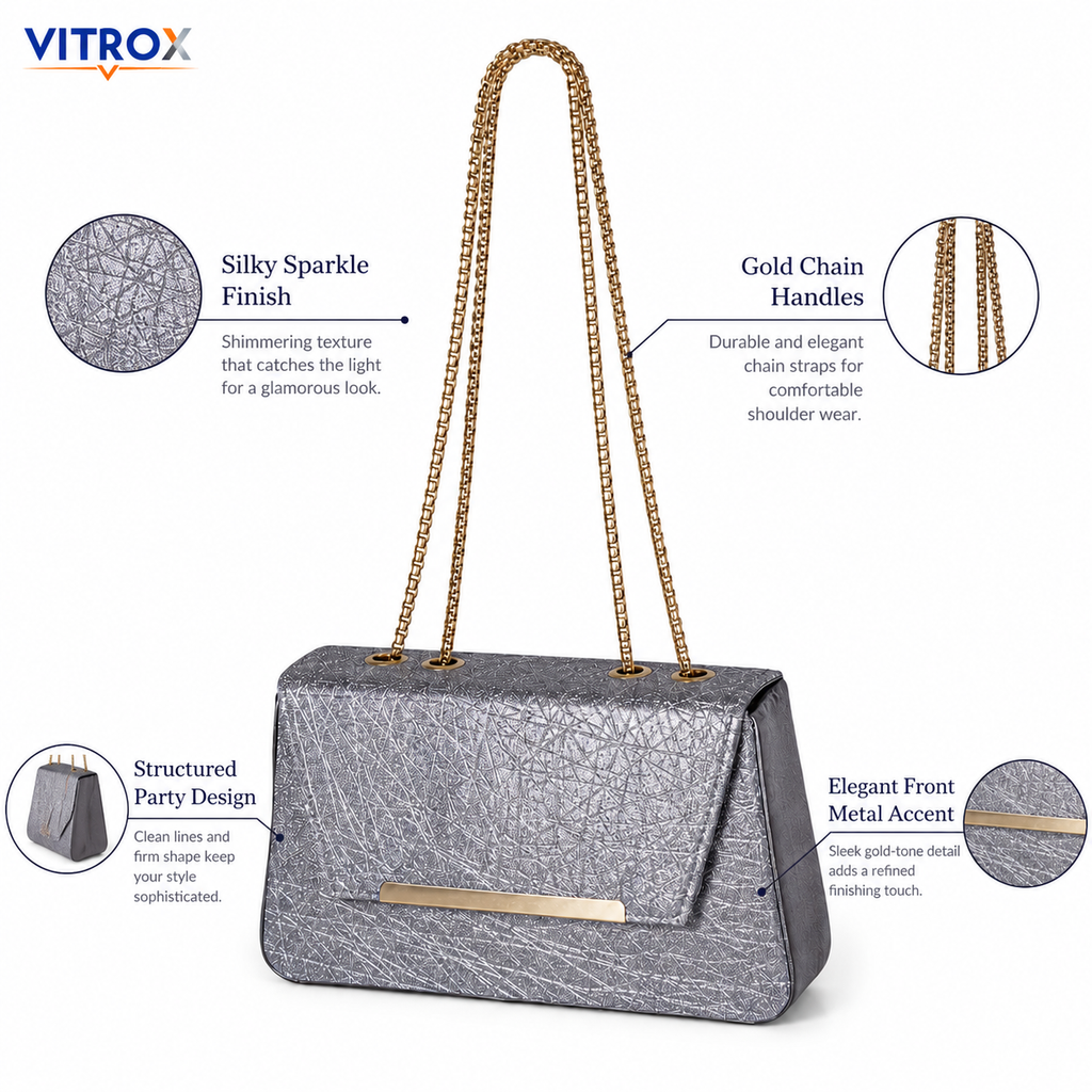 Women’s Silver Sparkle Chain Shoulder Bag with Structured Flap Design