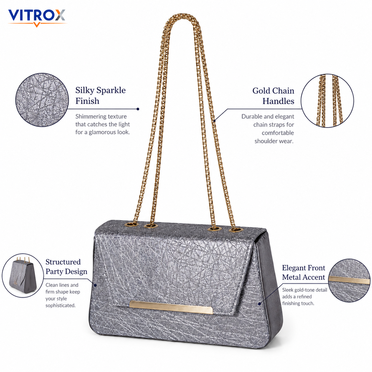 Women’s Silver Sparkle Chain Shoulder Bag with Structured Flap Design