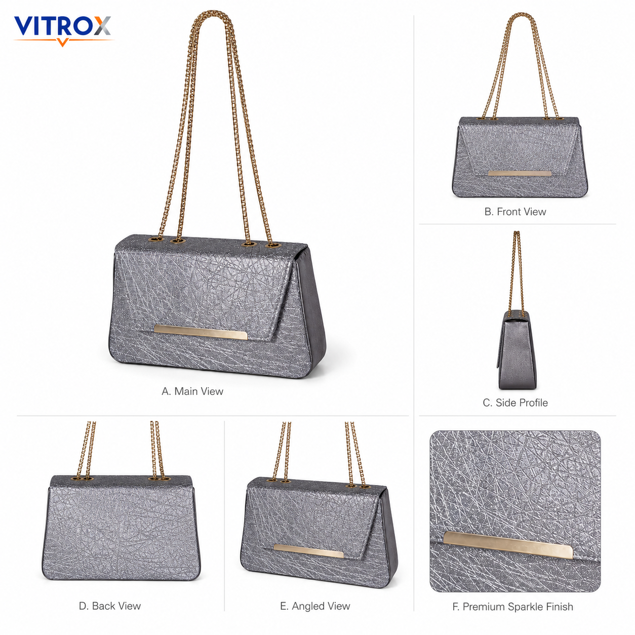 Women’s Silver Sparkle Chain Shoulder Bag with Structured Flap Design