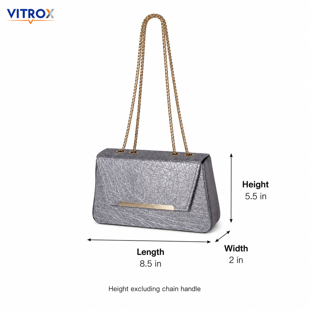 Women’s Silver Sparkle Chain Shoulder Bag with Structured Flap Design