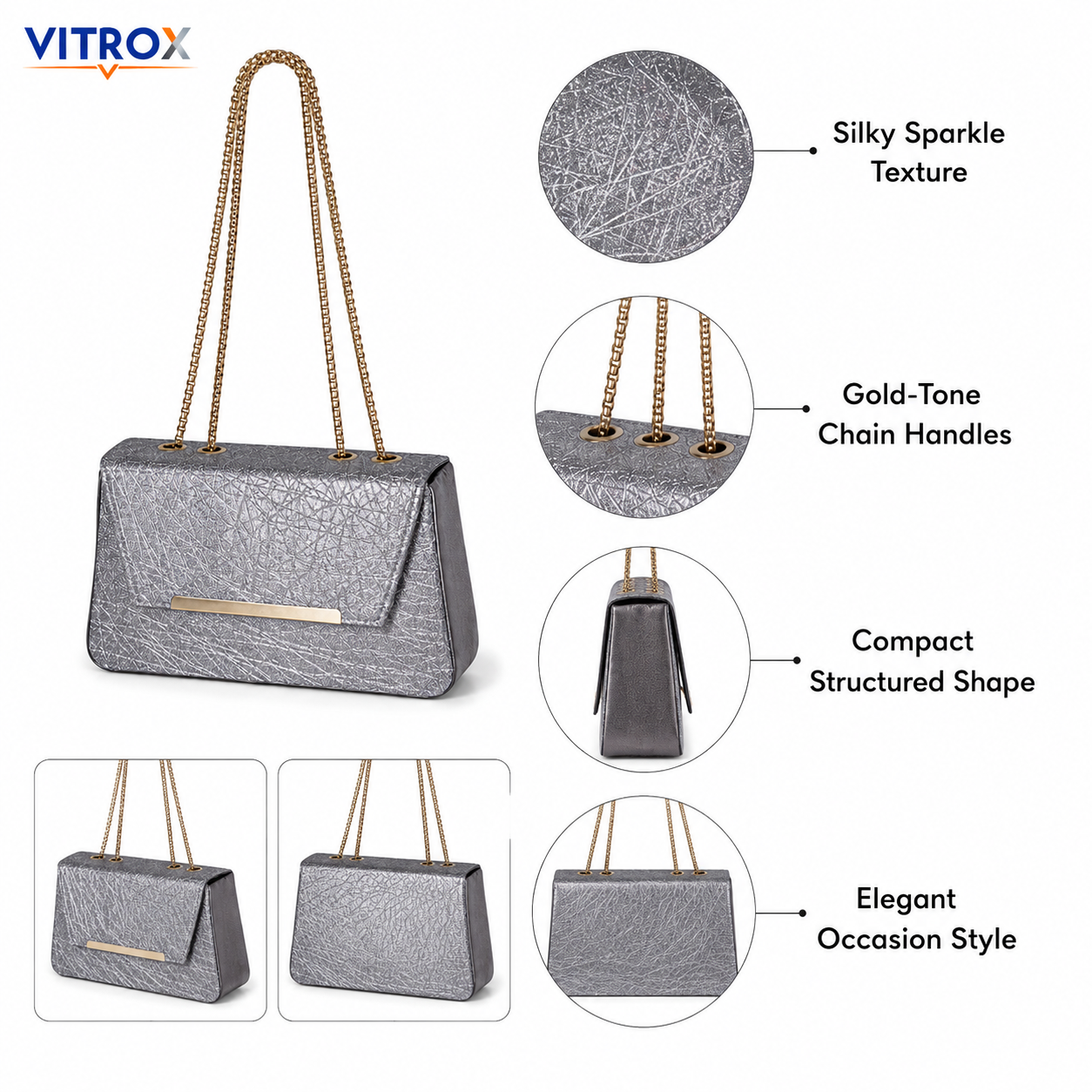 Women’s Silver Sparkle Chain Shoulder Bag with Structured Flap Design