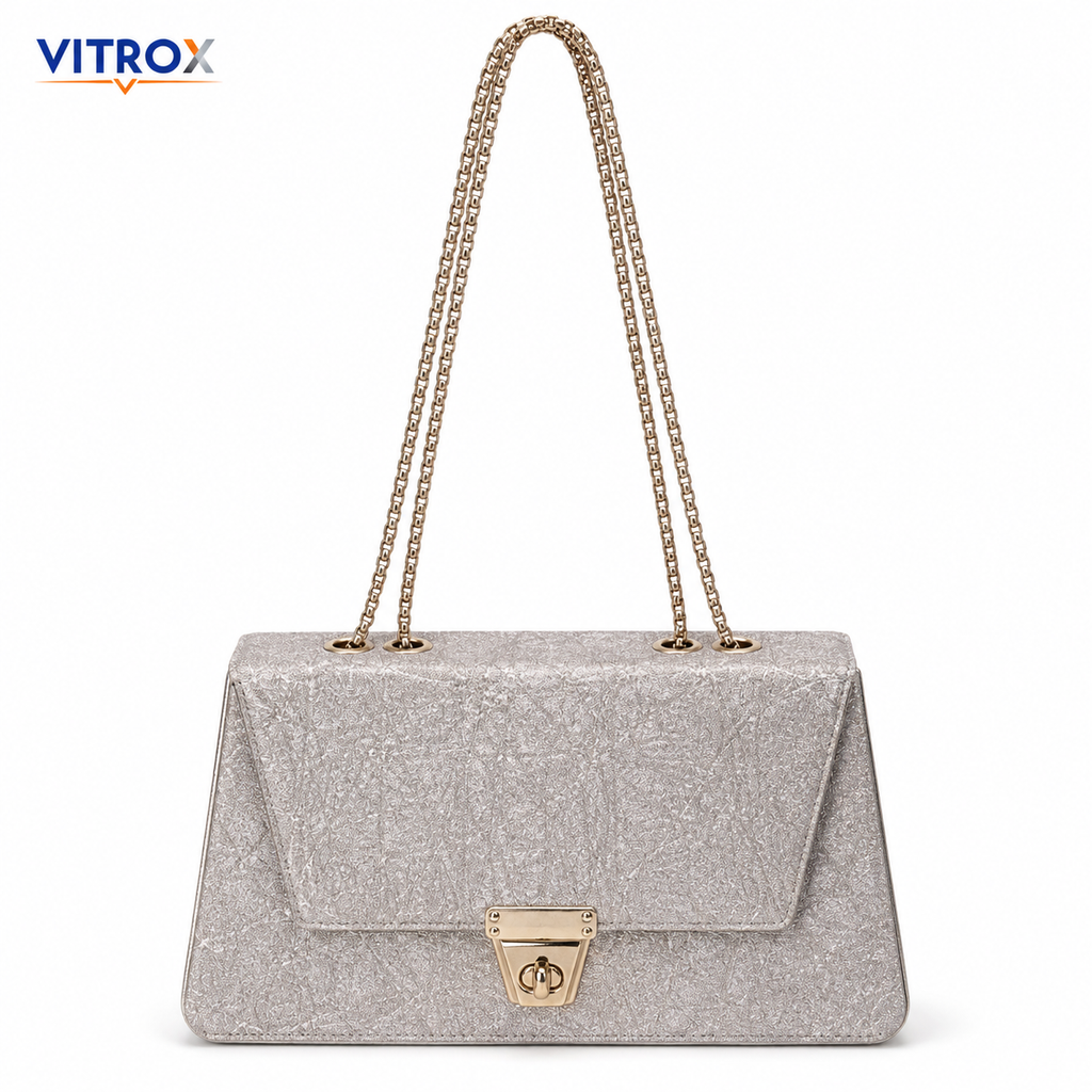 Women’s Champagne Silver Sparkle Party Shoulder Bag with Gold Chain Handles