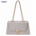 Women’s Champagne Silver Sparkle Party Shoulder Bag with Gold Chain Handles