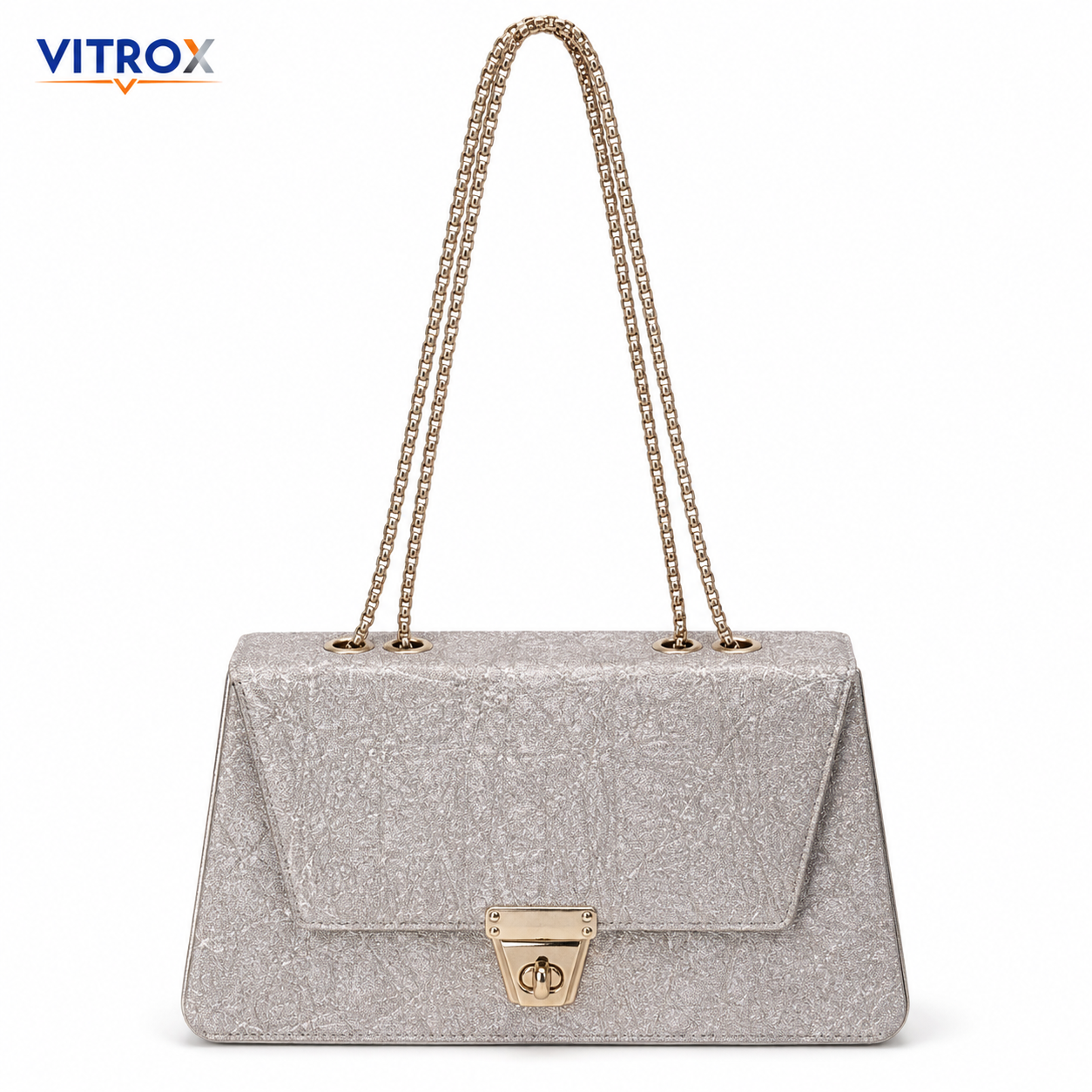 Women’s Champagne Silver Sparkle Party Shoulder Bag with Gold Chain Handles
