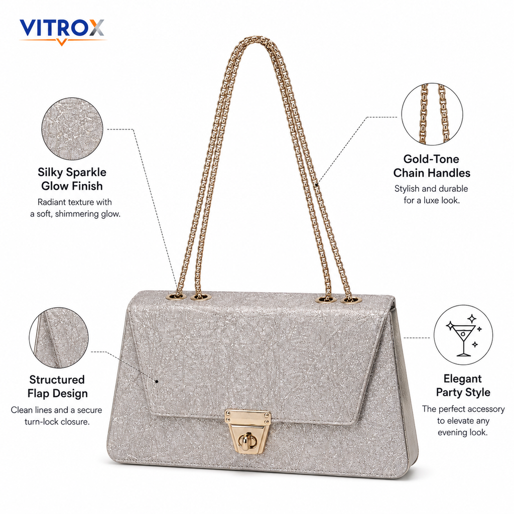 Women’s Champagne Silver Sparkle Party Shoulder Bag with Gold Chain Handles