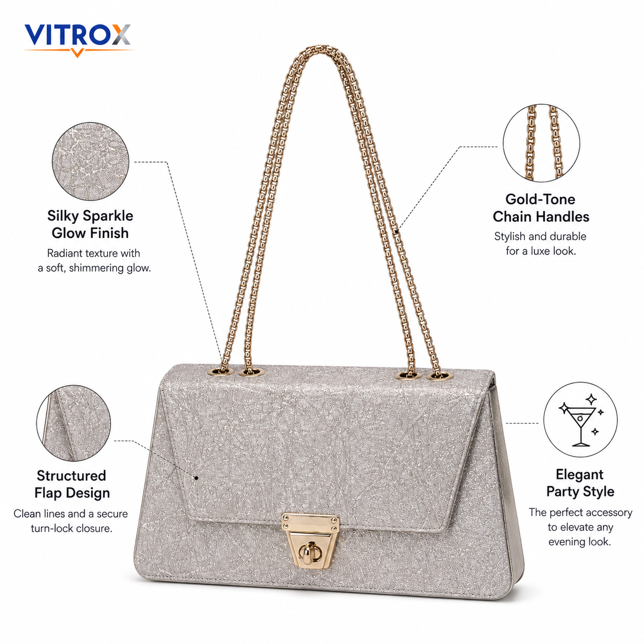 Women’s Champagne Silver Sparkle Party Shoulder Bag with Gold Chain Handles